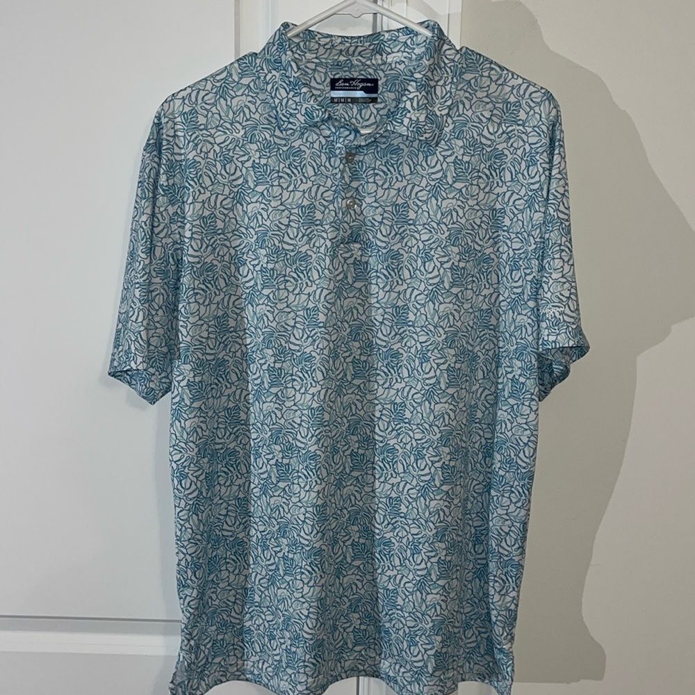 Ben Hogan Performance Blue White Linear Botanical Floral Plant Golf Polo Shirt M